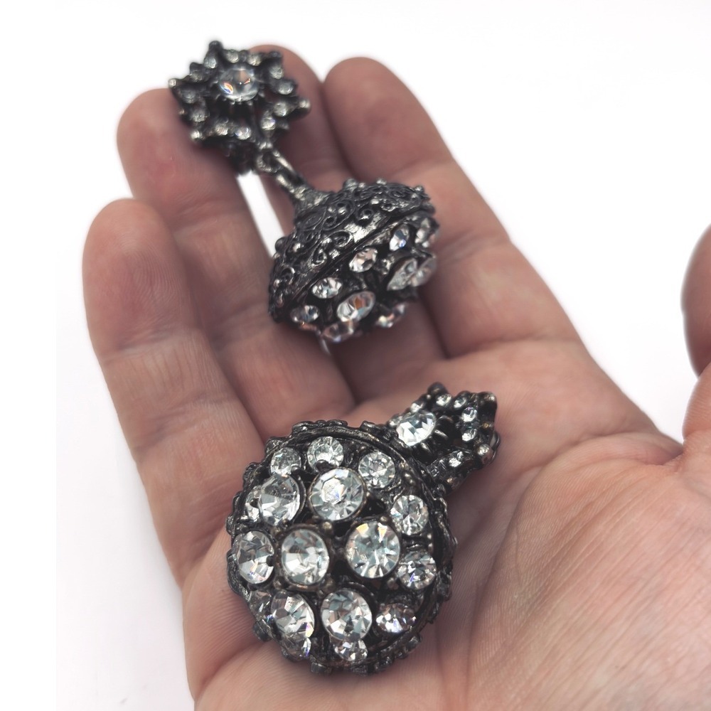 Vintage Rare Art Deco Filigree Rhinestone Clip On Drop Earrings‎ Statement